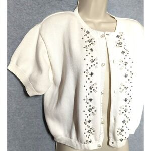 Vtg Women White Cotton Embellished Short Sleeve Sweater S Dinner Date Easy Glam